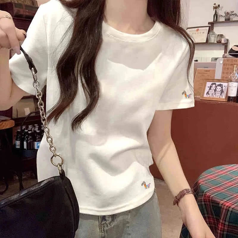 2025夏欧货白色修身短袖T恤女新款卡通印花设计感显瘦正肩上衣潮