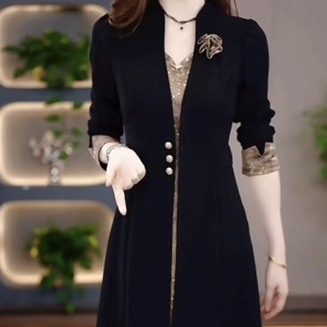 高级梭织弹力精纺洋气假俩件高档连衣裙2025秋季新款中年妈妈裙子