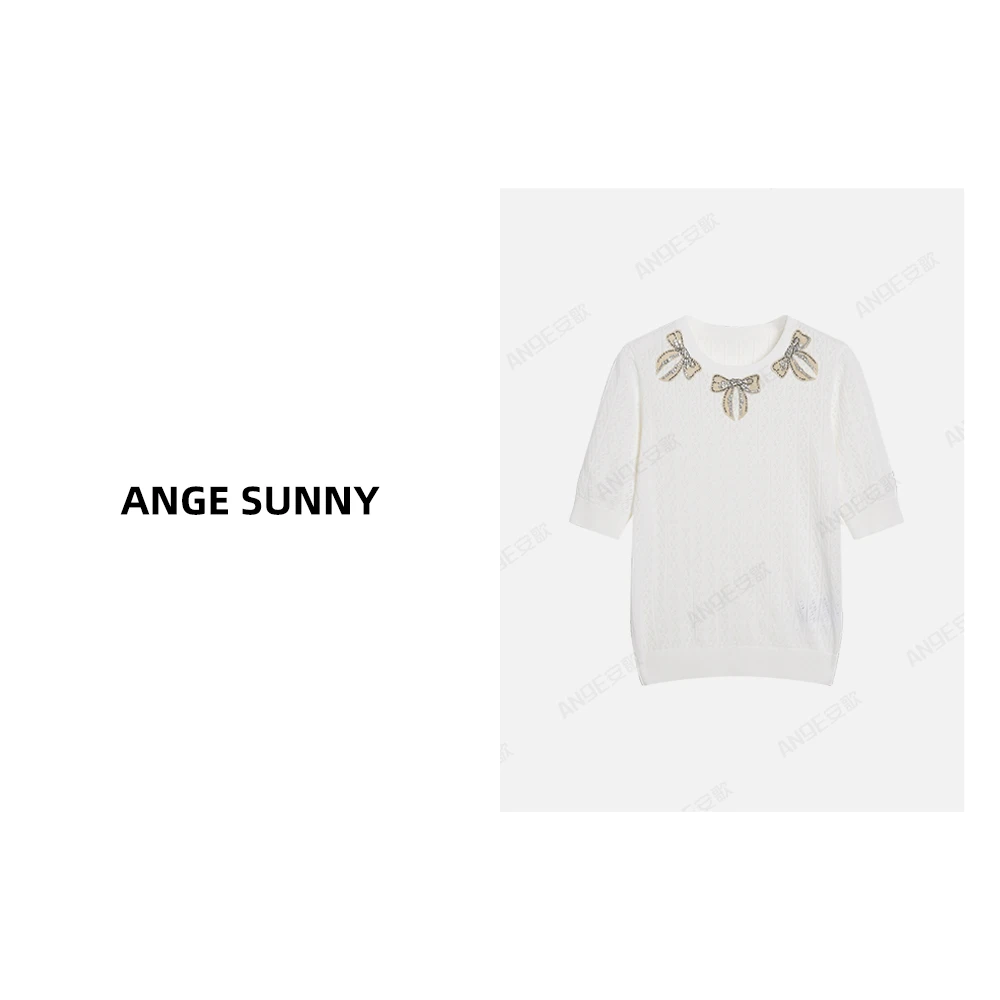 ANGE SUNNY【钻饰蝴蝶结针织衫】华伦家独特设计小香风短袖T恤