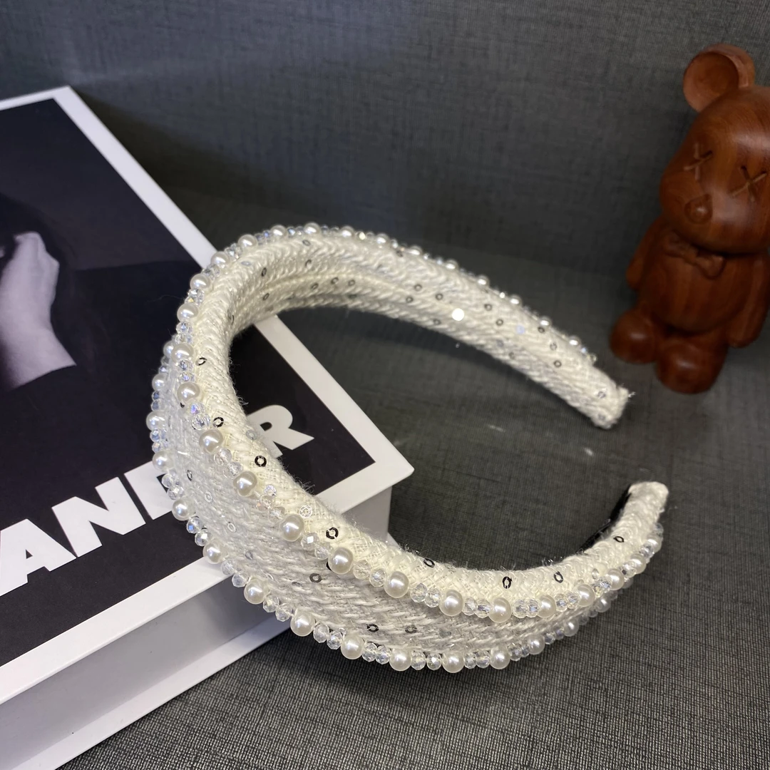 手工串珠亮片小香风高颅顶发箍米白色发卡