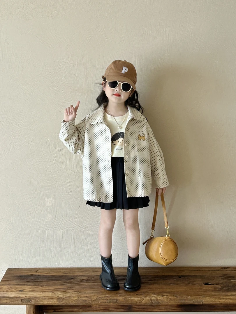 女童洋气外套2025春秋新款儿童长袖T恤百褶裙中小童圆点翻领上衣