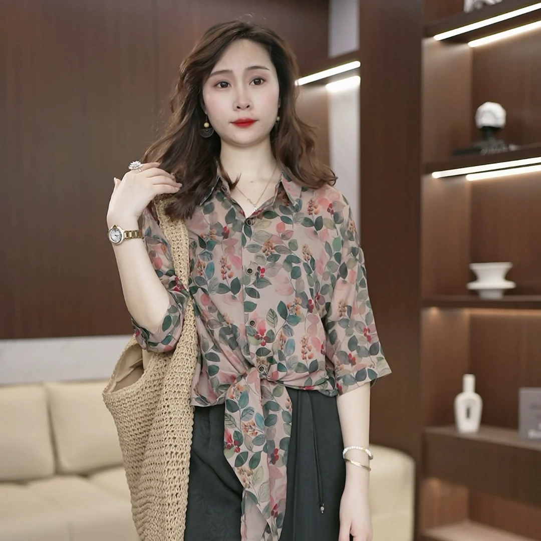夏季洋气穿搭衬衫女气质翻领设计感系绳花色遮肉防晒透气衬衣3046
