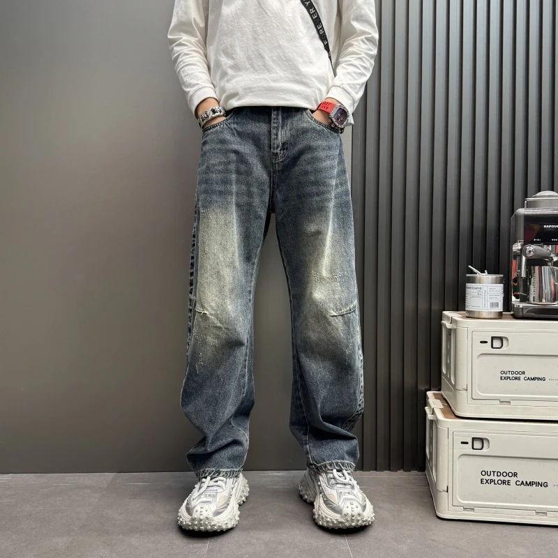 褶皱弯刀纯色蓝色宽松阔腿长裤新款男士男男士秋冬蓝色破洞阔腿裤