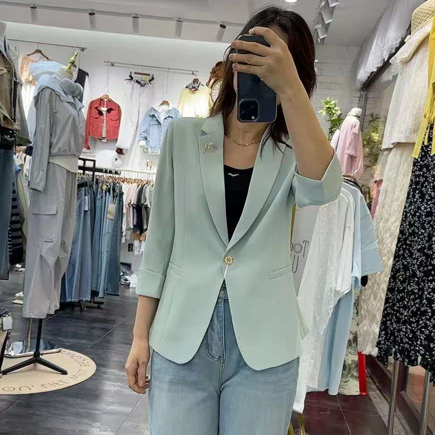 春夏新品薄款七八分袖修身显瘦收腰简约精致西服外套西装女潮