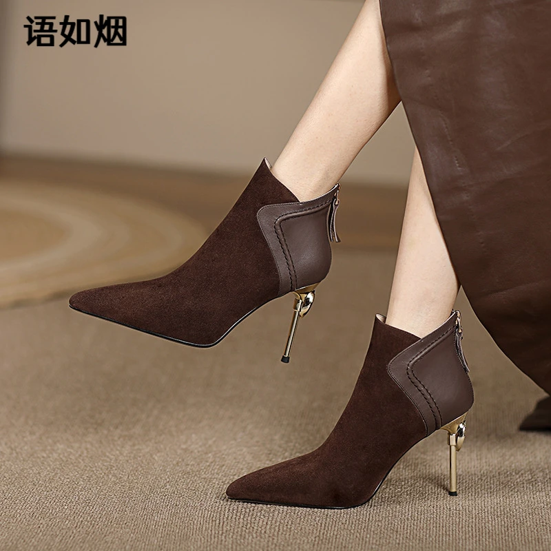 尖头短靴女细跟2025秋冬新款气质高跟短筒女靴磨砂皮拼接裸靴百搭