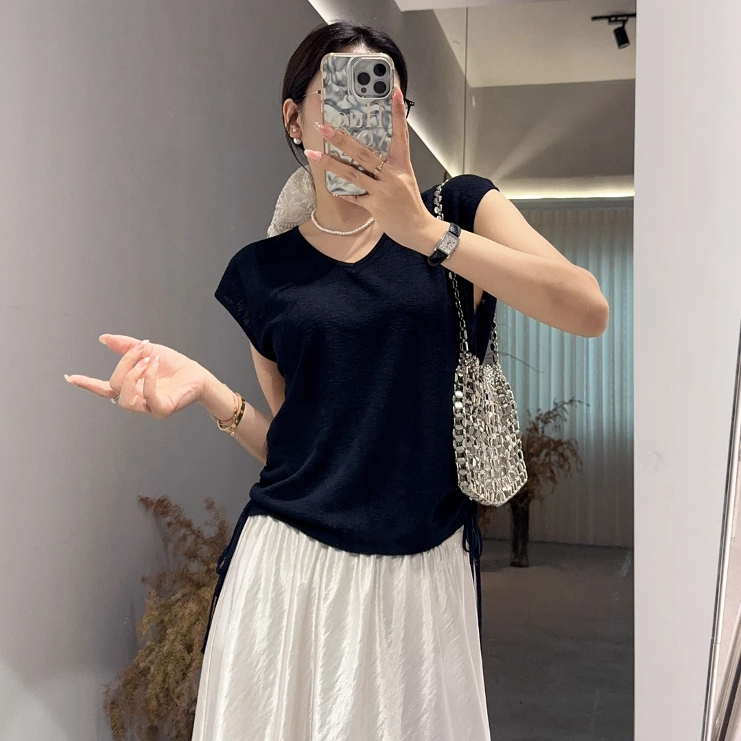 大禾【两边抽绳设计】短袖针织衫女薄款温柔风气质夏季套头V领小衫