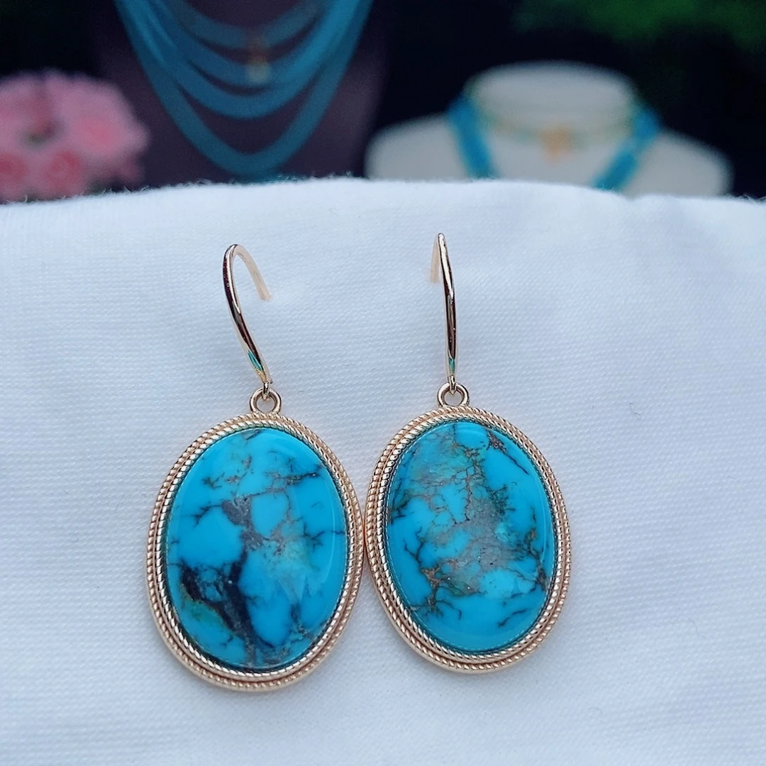 绿松石未镶嵌高瓷蓝大蛋面耳环