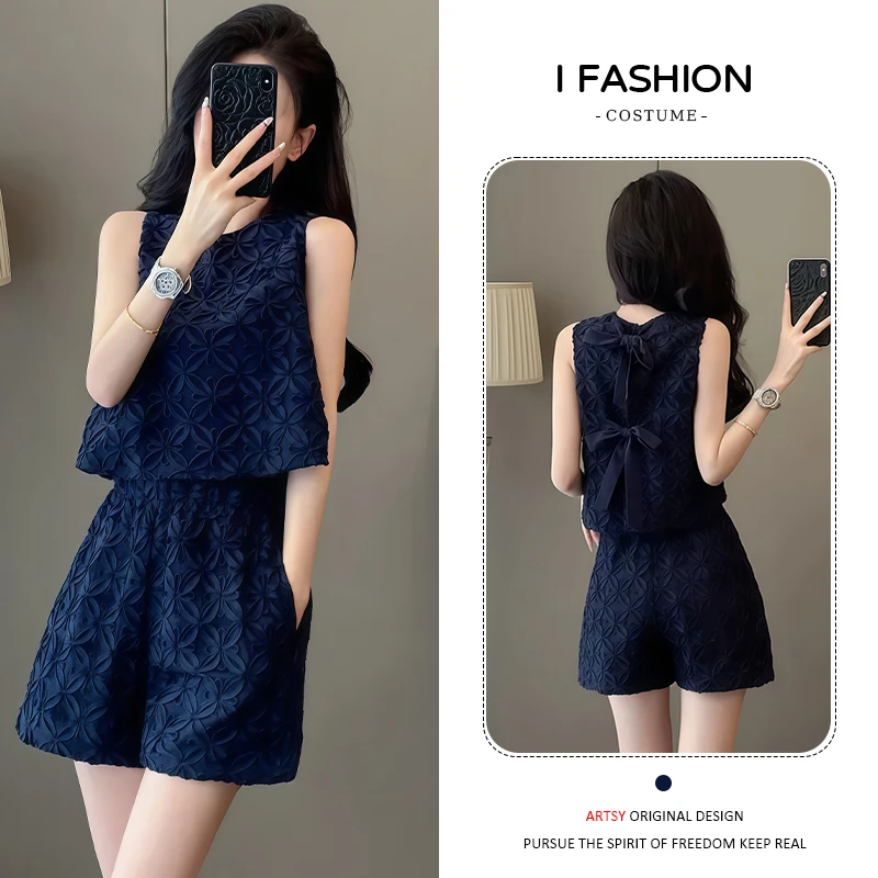 法式小香风气质套装女士2025年夏季新款绑带无袖上衣短裤两件套潮