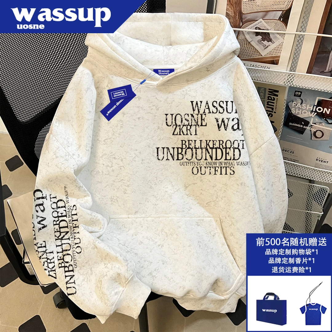WASSUP UOSNE重磅潮牌字母印花连帽卫衣男高街痞帅慵懒风美式外套