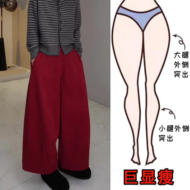冬季加绒加厚简约风高腰毛呢直筒休闲裤女梨形身材显瘦阔腿九分裤