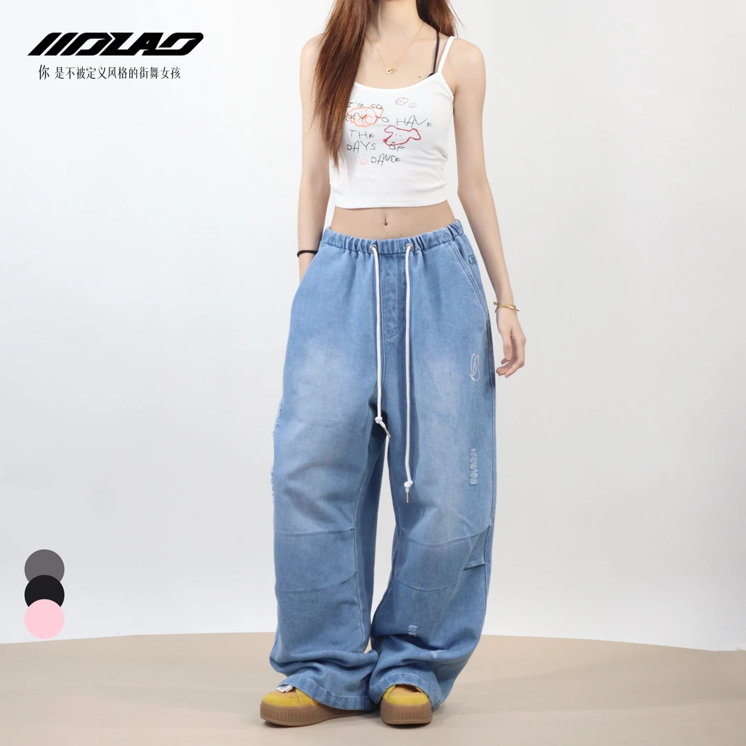 大佬妙原创破洞宽松牛仔裤显瘦直筒松紧hiphop嘻哈百搭9827