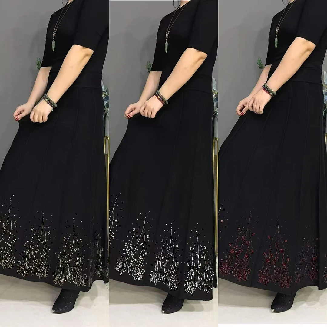 9829-1冬季女士跳舞半身裙时尚妈妈镶钻高腰飘逸垂度中老年