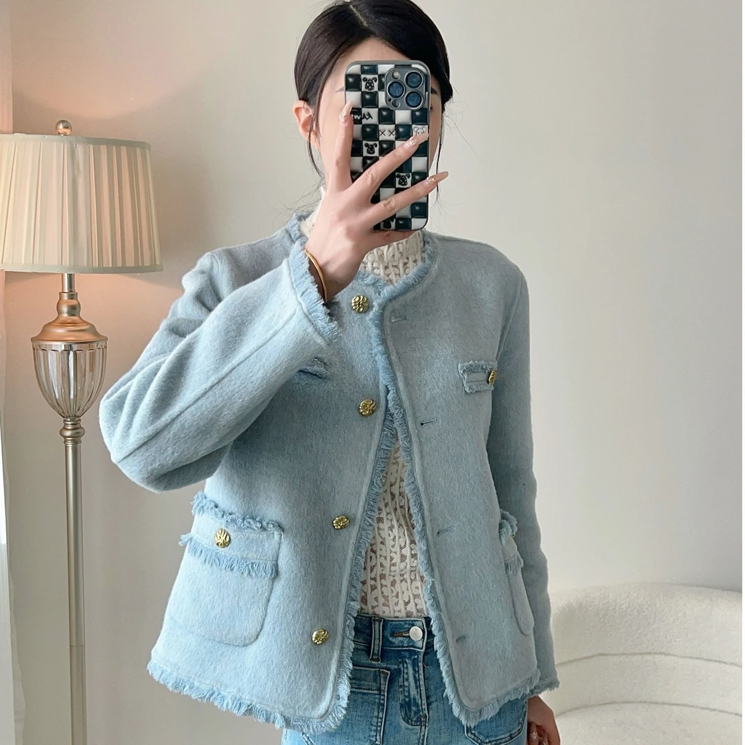 【沐静静】春款设计风小香风双面呢气质短款绵羊毛大衣502