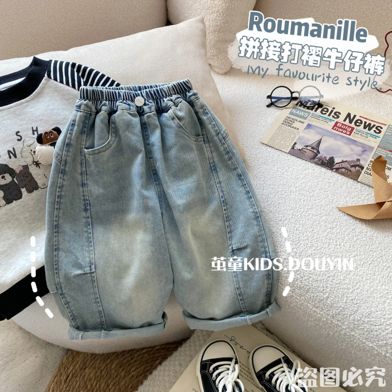 【麦麦妈】C227春秋中小童拼接打褶牛仔裤春季新品男女宝宝休闲长裤