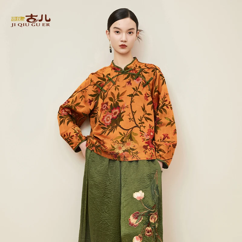 吉丘古儿花好月圆宽松A型中式上衣插肩九分袖新中式秋G243Y011