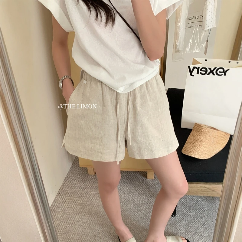 韩系松紧腰燕麦色短裤女夏简约小个子宽松显瘦a字百搭休闲阔腿裤