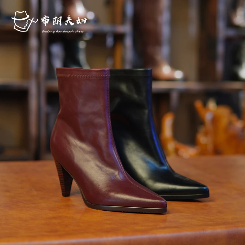 布朗夫妇2025新款气质细跟女尖头短靴尖头靴复古方头瘦瘦靴女靴