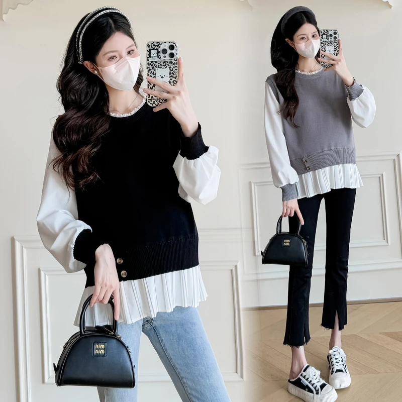 145-155小个子孕妇娃娃衫上衣外穿春秋装时尚假两件衬衫2025新款