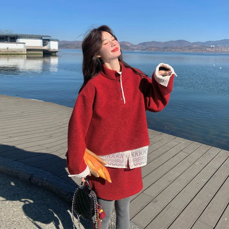 松弛感穿搭红色毛呢套装裙2025冬季新款蕾丝花边ins风韩版两件套