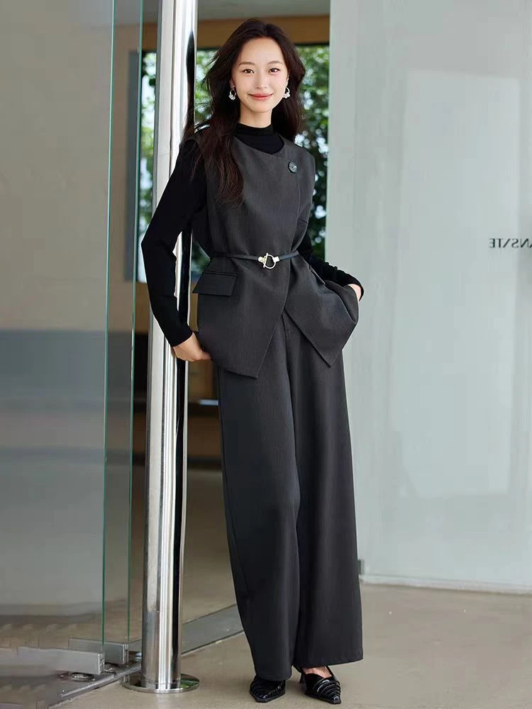 休闲风时尚秋冬马甲套装百搭洋气三件套小个子显瘦气质黑色阔腿裤