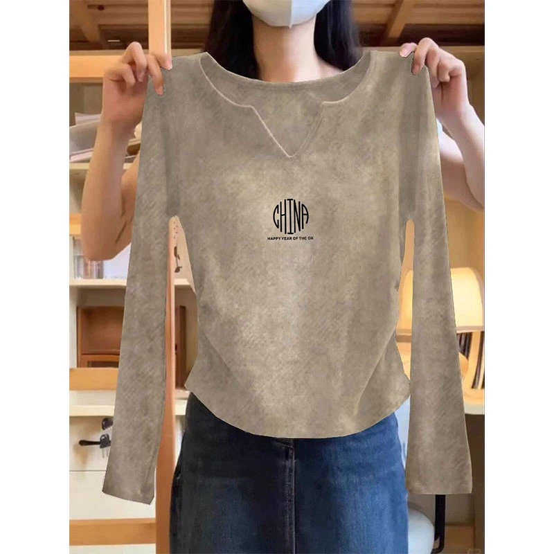 2025爆款早秋装正肩长袖T恤女V领收腰设计感小众修身减龄洋气上衣