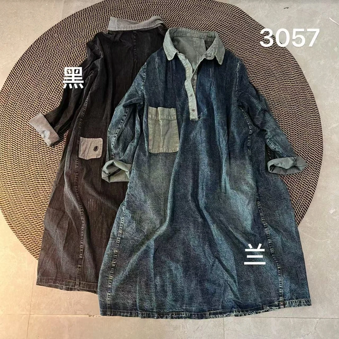 韩版做旧宽松休闲个性贴布口袋翻领衬衫裙牛仔连衣裙 3057#