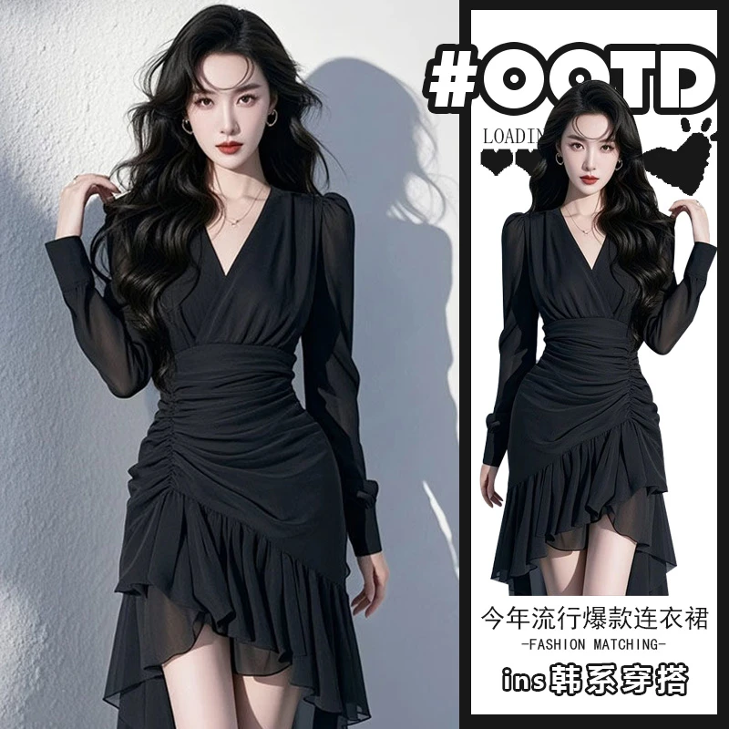 【心机穿搭】法式连衣裙女高级感别致小众辣妹修身显瘦不规则小黑裙