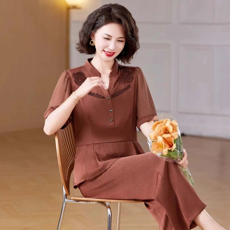 中年妈妈夏装端庄大气套装中老年女夏季短袖长裤两件套母亲节衣服