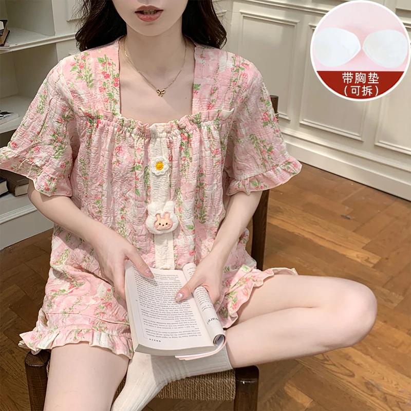 带胸垫夏款女士短袖短裤睡衣夏天薄款甜美粉色花边套装夏季家居服