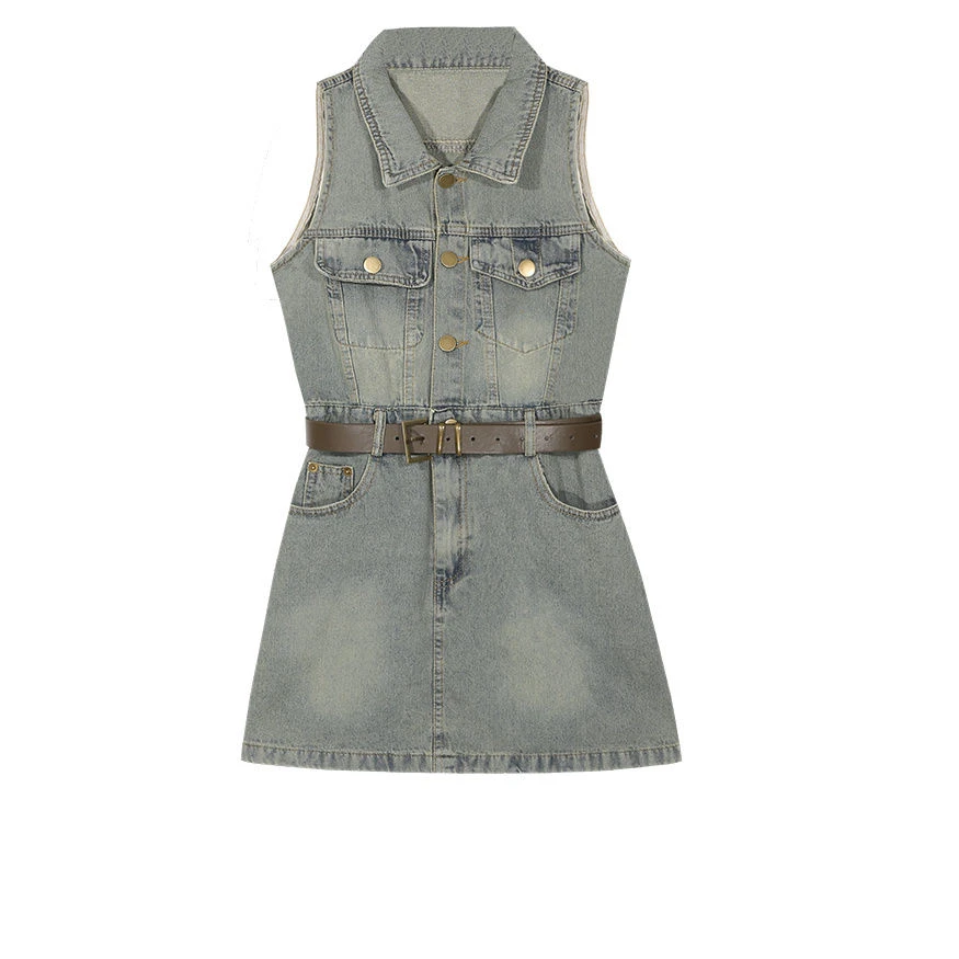 【店铺热销】2025新款夏季显瘦短裙复古港风翻领无袖背心收腰