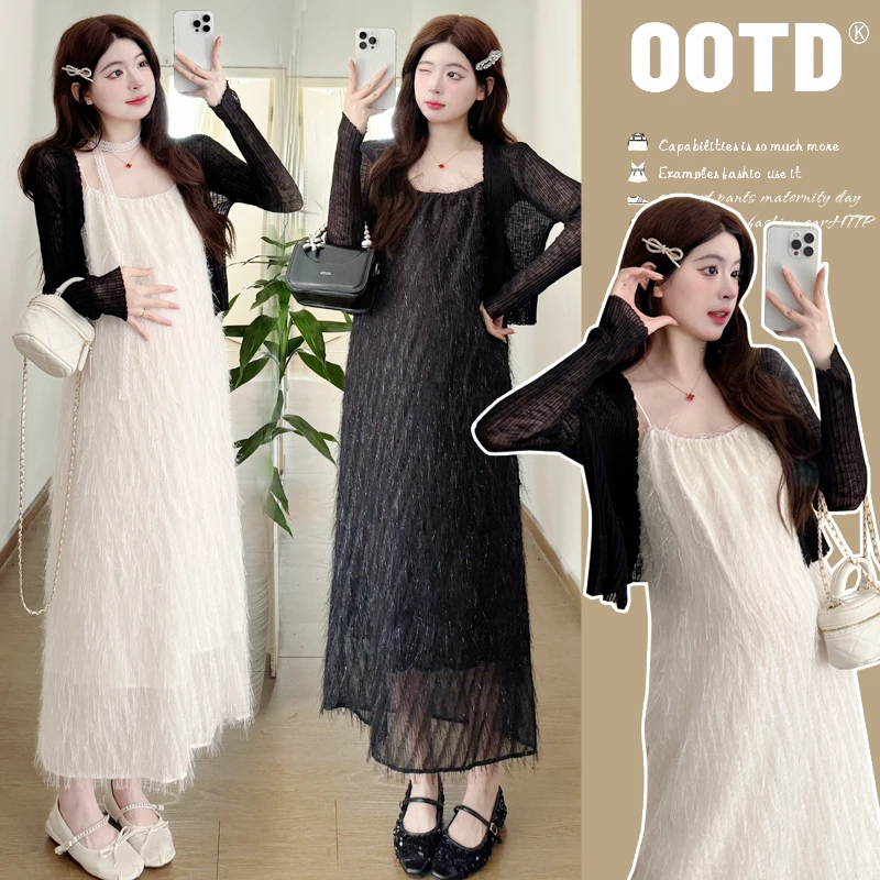 孕妇夏装韩版时尚套装2025夏季孕妇流苏吊带连衣裙防晒开衫两件套