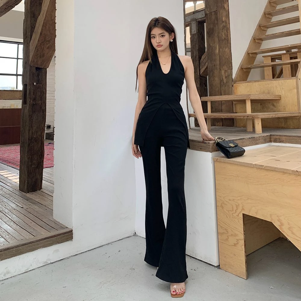 夏装新款黑色弹力针织挂脖背心长裤高级感女辣妹两件套装