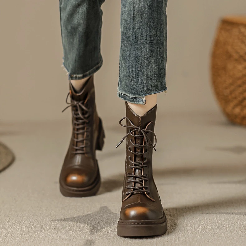 3218-1复古西部靴女款2024新款秋冬中筒骑士靴短靴时尚马丁靴