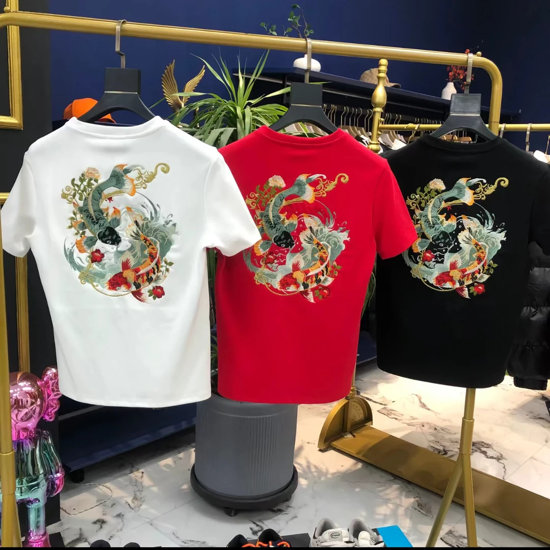 2025年男士春韩新款时尚纯棉短袖本命年年有余新年红色潮牌男装