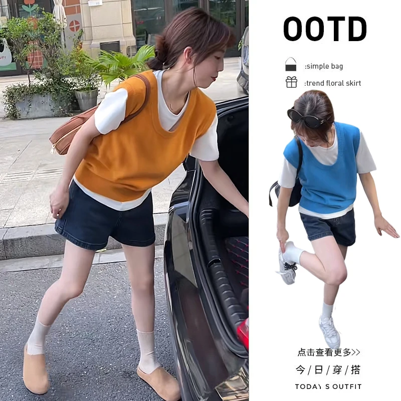 【现货】夏季穿搭一整套女2025新款短袖T恤针织马甲牛仔短裤三件套