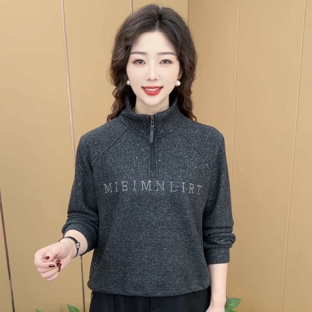 冬季新款立领半拉链洋气妈妈装卫衣加绒保暖百搭休闲上衣K5610