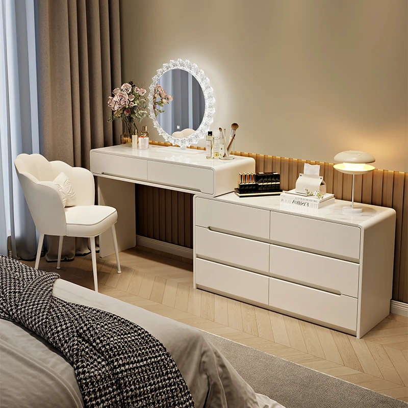 2025新款梳妆台实木奶油风卧室轻奢化妆桌现代简约收纳斗柜一体
