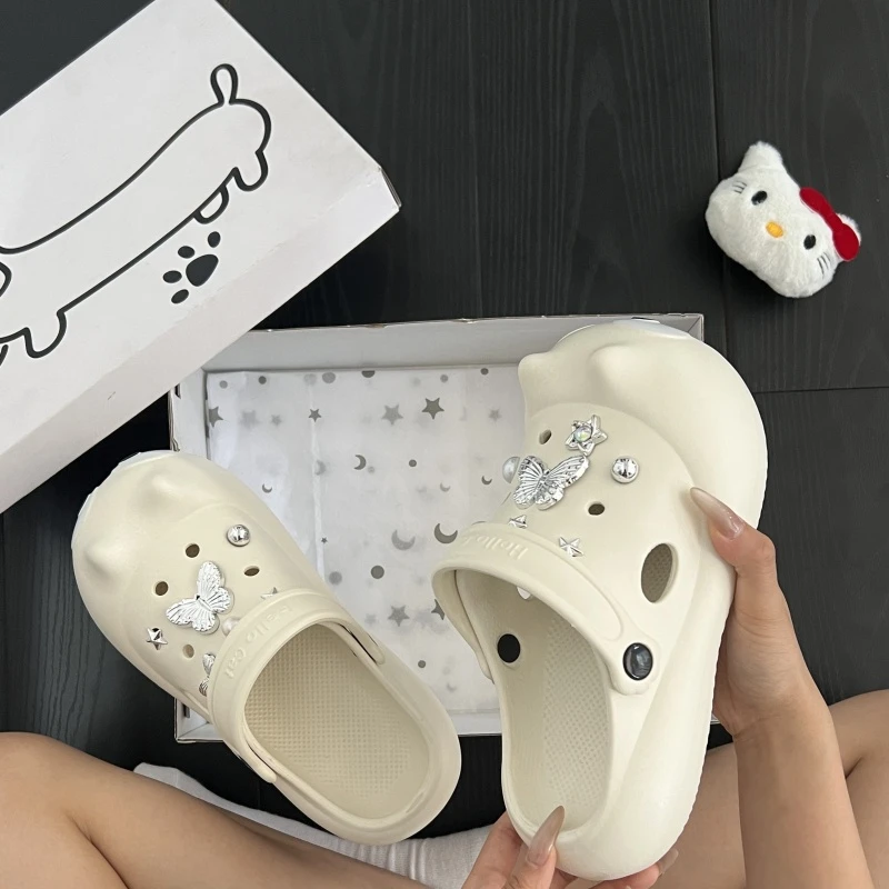 厚底增高款包头凉拖创意女士女款时尚银色蝴蝶结洞洞鞋ins