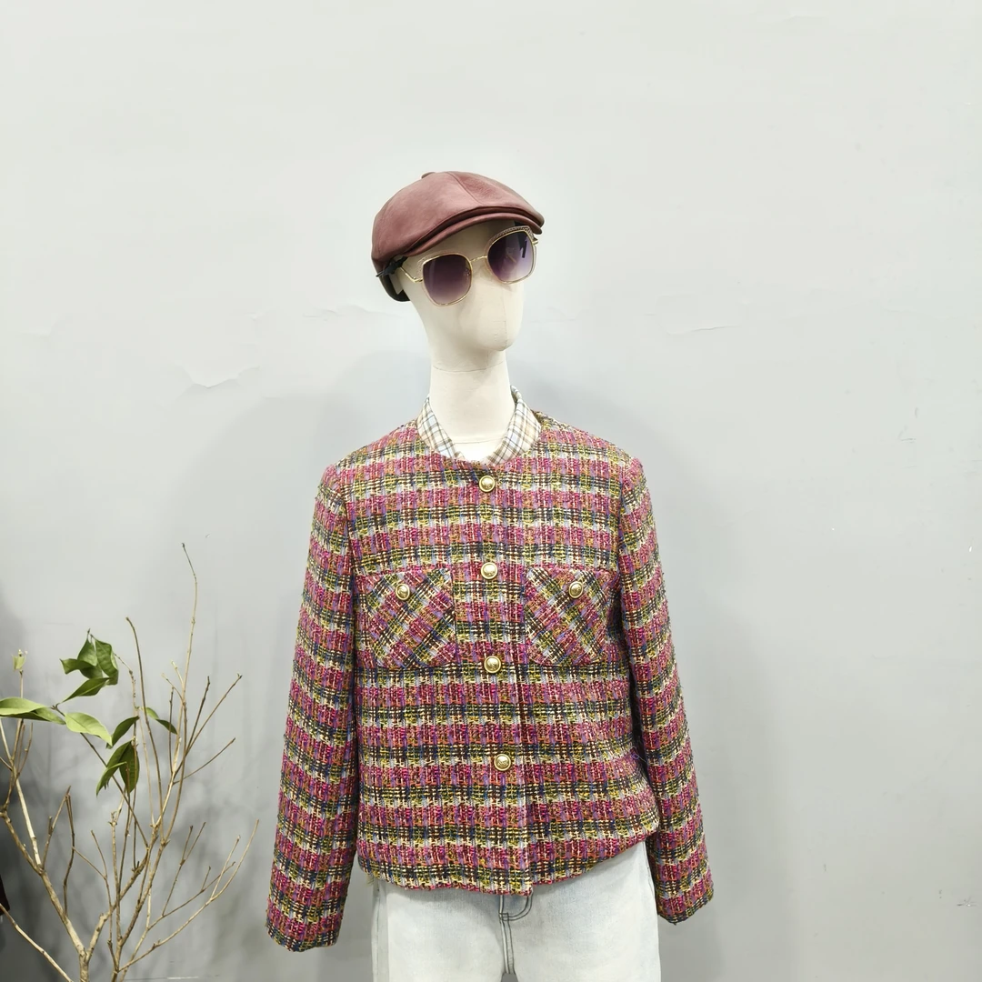 常规款春季圆领宽袖女法式短外套休闲开衫百搭上衣格子气质