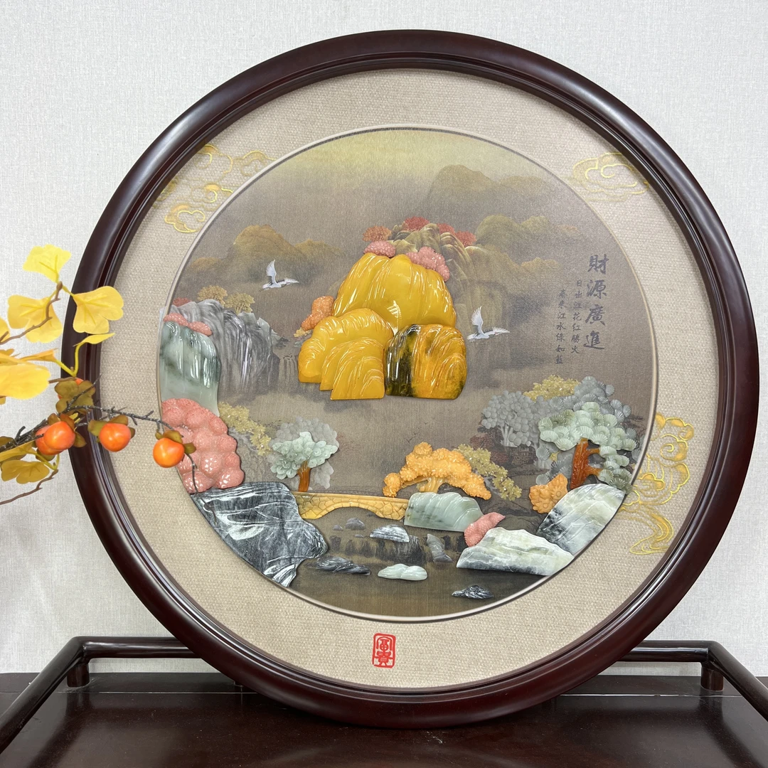 80*80圆形财源广进新中式玉雕装饰画实木框客厅玄关挂画壁画