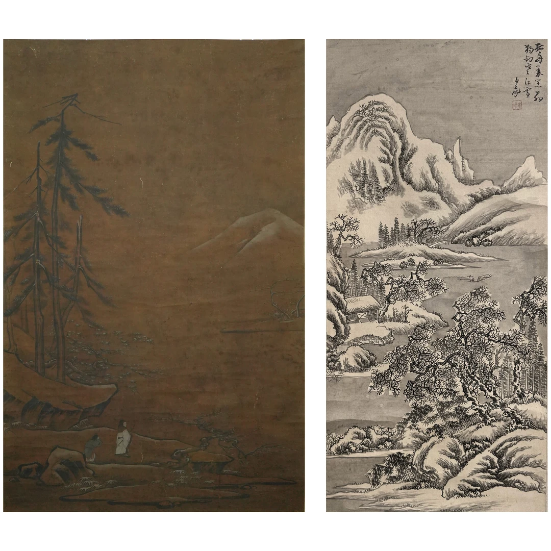 佚名 独钓寒江 立轴；佚名 踏雪观山 绢本立轴