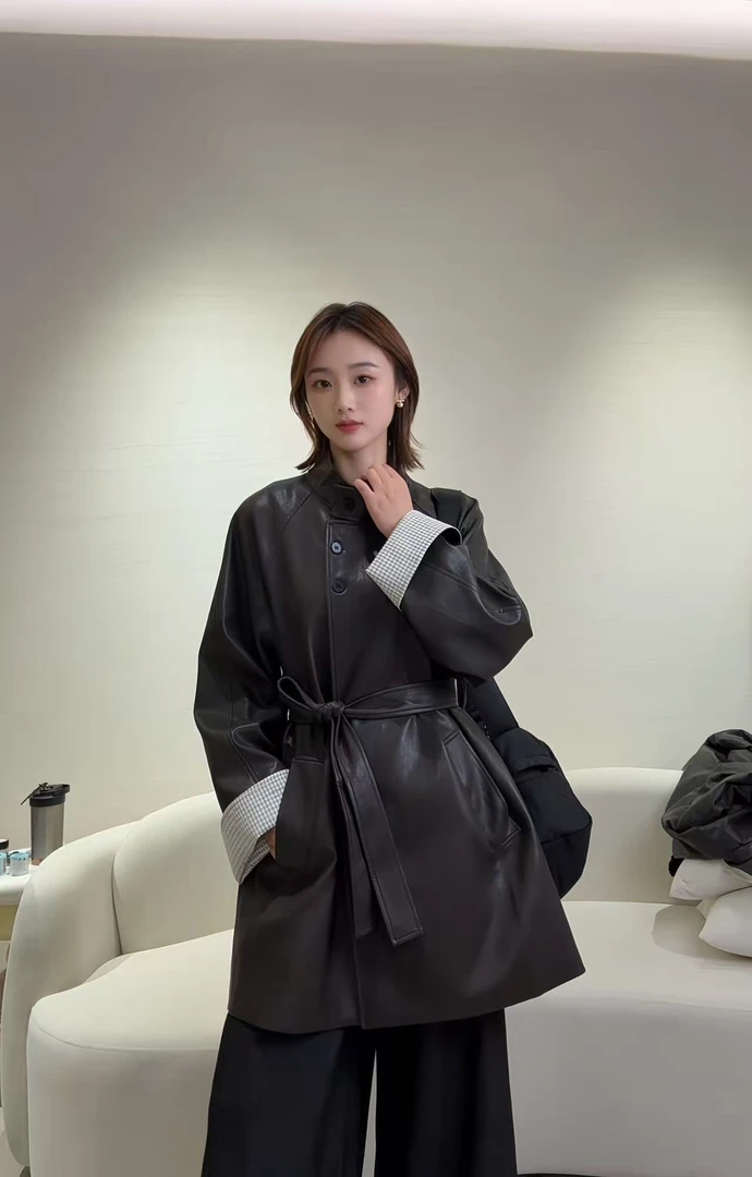 皮衣轻职风时尚口袋系带设计师百搭欧美风秋季2505#
