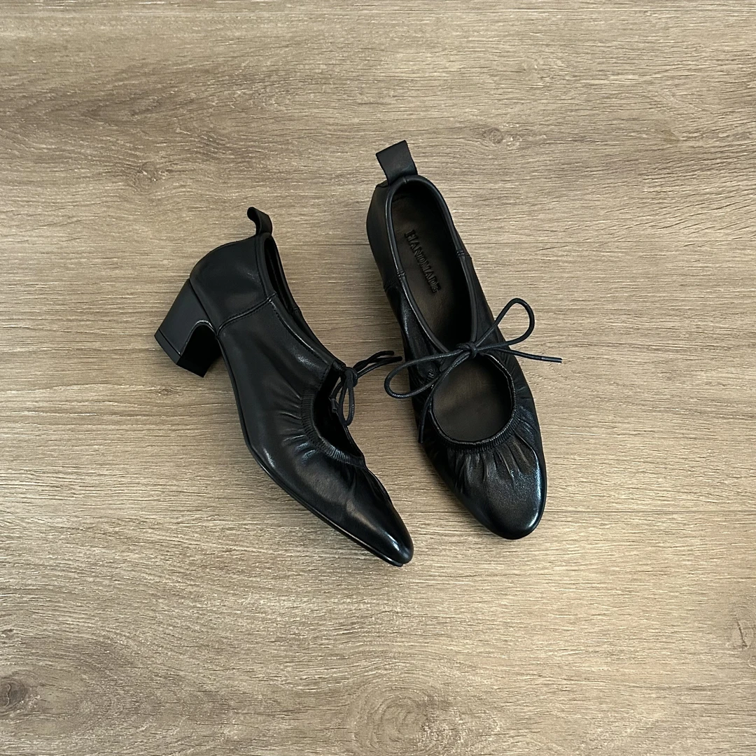 Dannyfrey温柔淑女风褶皱系带蝴蝶结低跟穆勒凉拖女芭蕾舞单鞋5CM