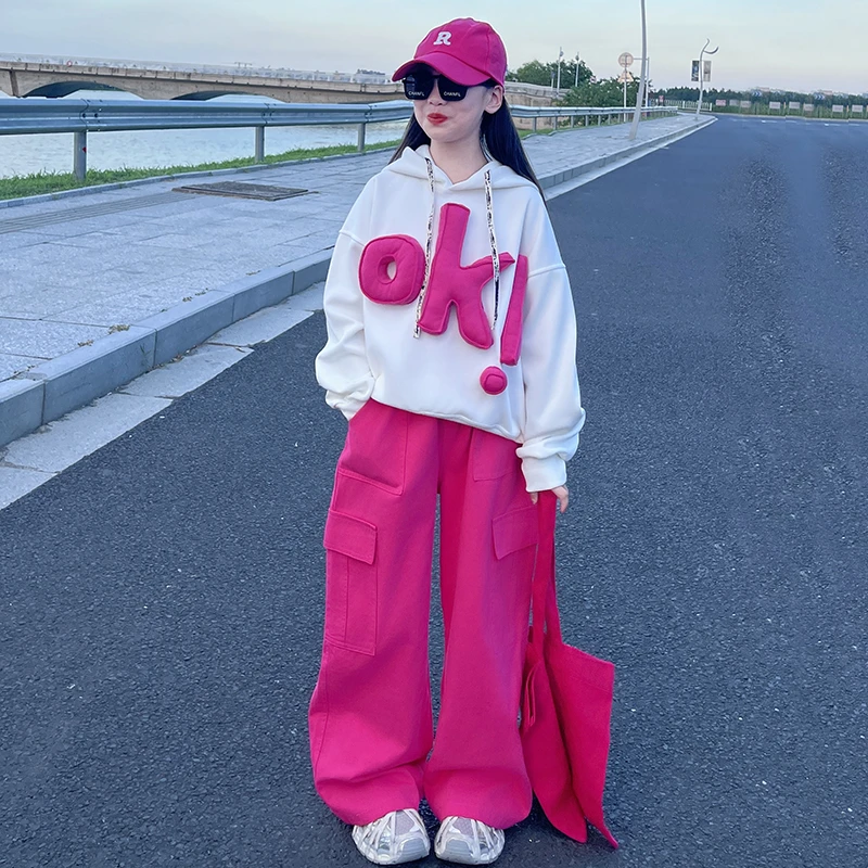 女童美式复古OK字母卫衣2025春秋款宽松潮牌慵懒风休闲裤子两件套
