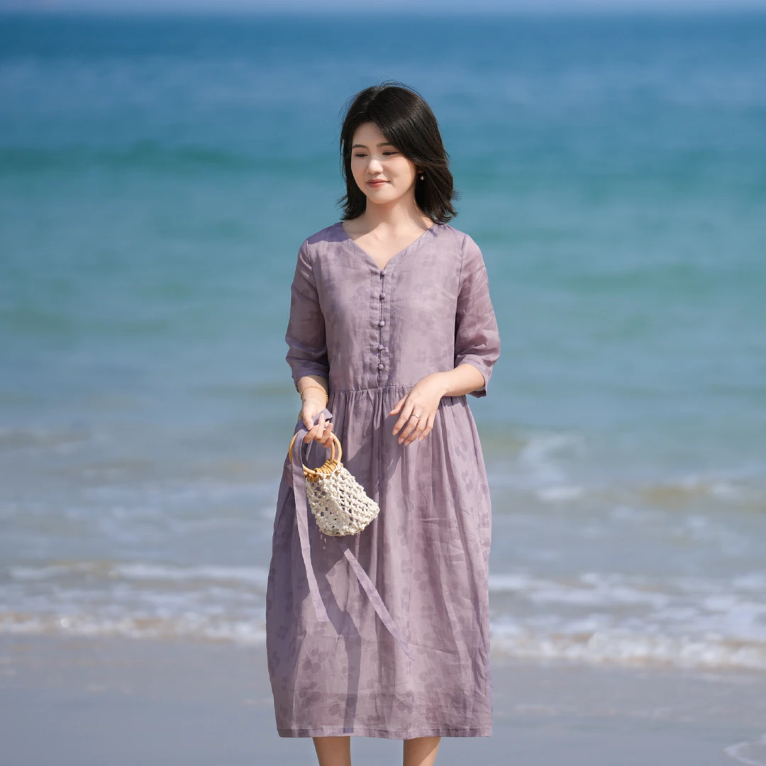 十五家25夏季新款苎麻烧花v领系带宽松文艺连衣裙通勤显瘦复古女