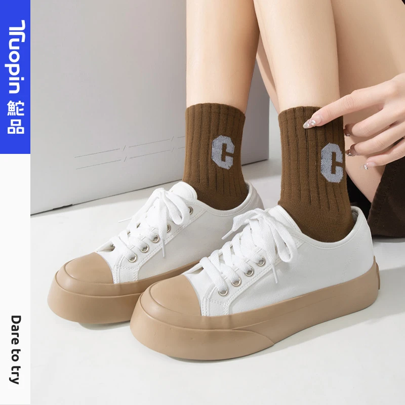 鮀品2025秋季新款白色帆布鞋女小众ins厚底休闲运动学生百搭低帮
