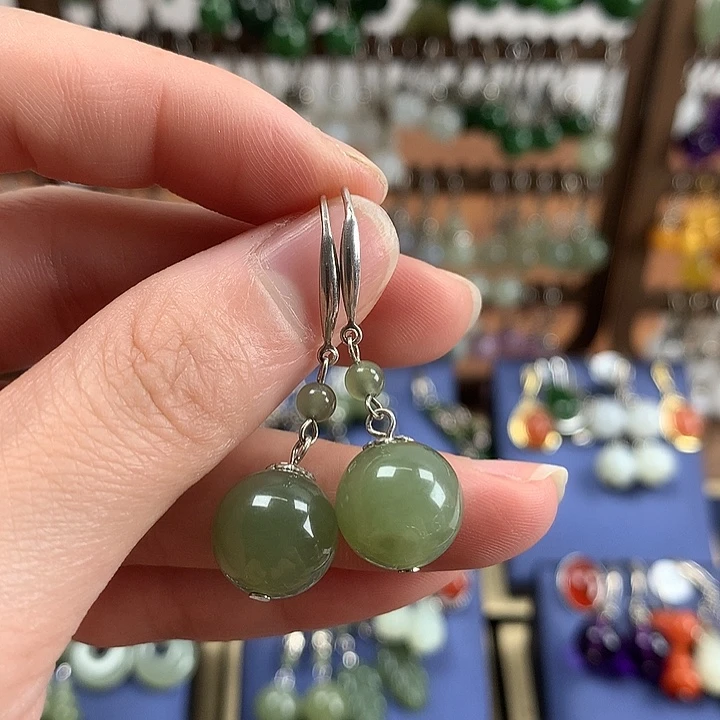 和田玉银S925镶嵌耳饰12左右晴水绿