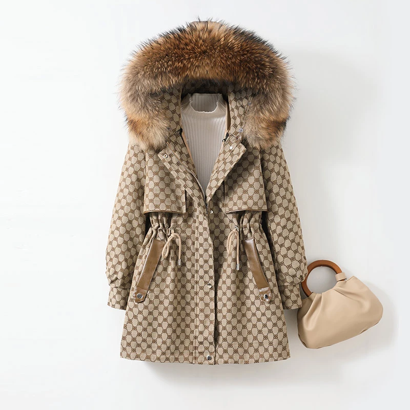 新款格子高端派克洋气气质大毛领时尚中长款冬季派克服