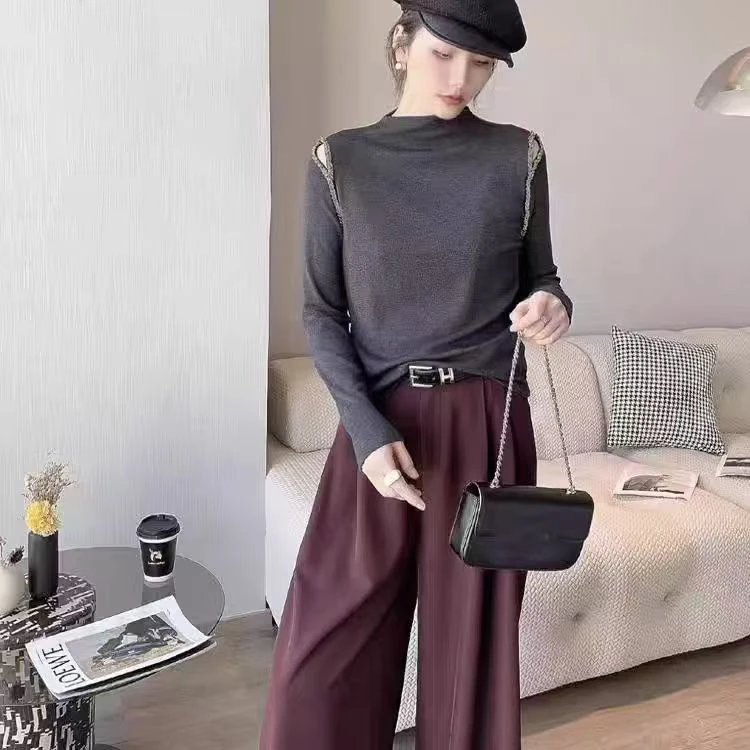 长袖25182宽松型常规立领刺绣水洗T恤时尚修身网红纯色