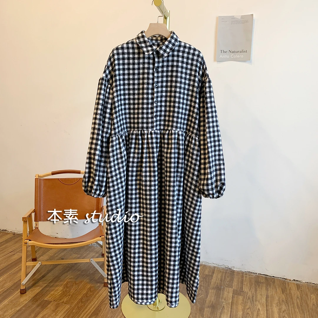 C2255磨毛格纹半开扣翻领连衣裙